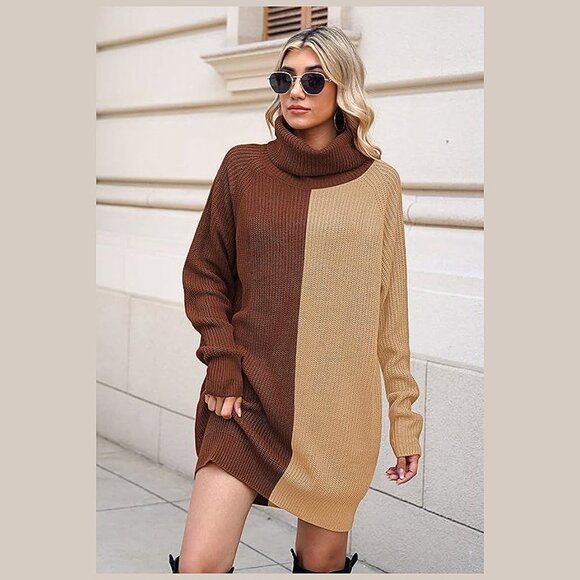 Women's Loose Turtleneck Oversize Long Pullover Sweater Y - Coffee and Khaki - Picture 2 of 8